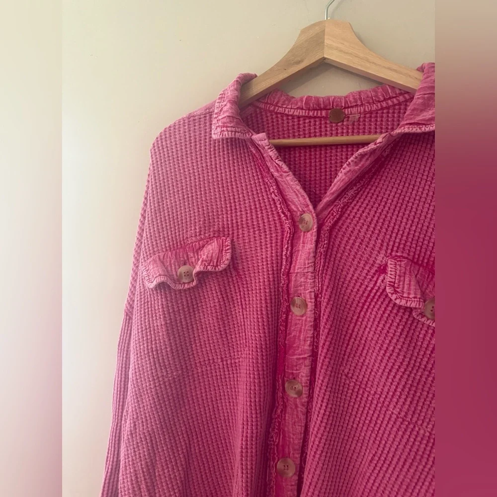 Free People FP One Scout Waffle Knit Button Up Jacket in Pink Phenom‎ Large